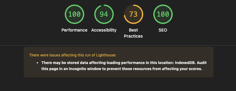 Отчёт Lighthouse: Performance 100, Accessibility 94, Best Practices 73, SEO 100