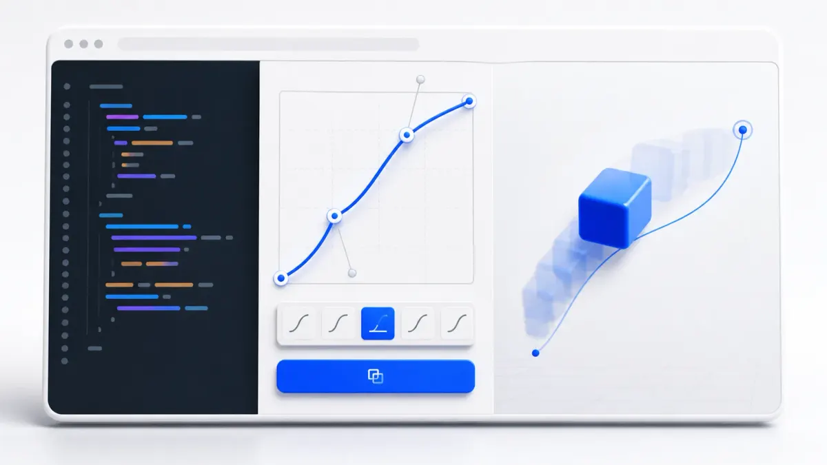 Редактор кривой cubic-bezier: график с контрольными точками и готовая строка timing-function