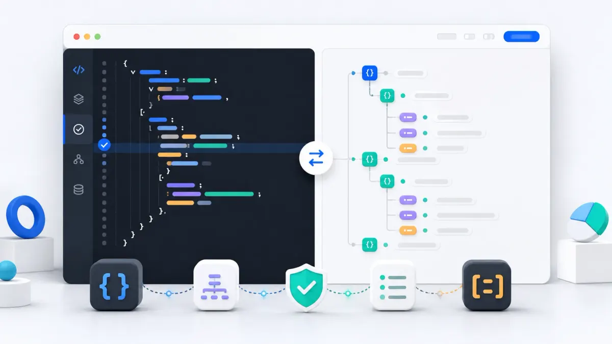 Работа с JSON: сжатый ввод слева, отформатированное дерево справа и перевод в YAML