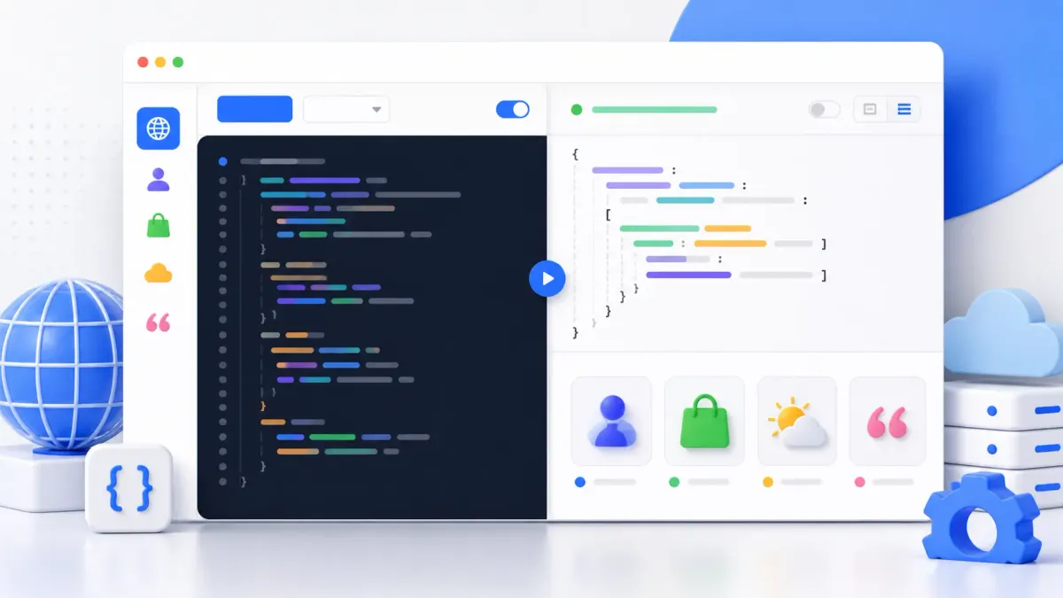 Каталог бесплатных публичных API: список эндпоинтов и живой JSON-ответ рядом