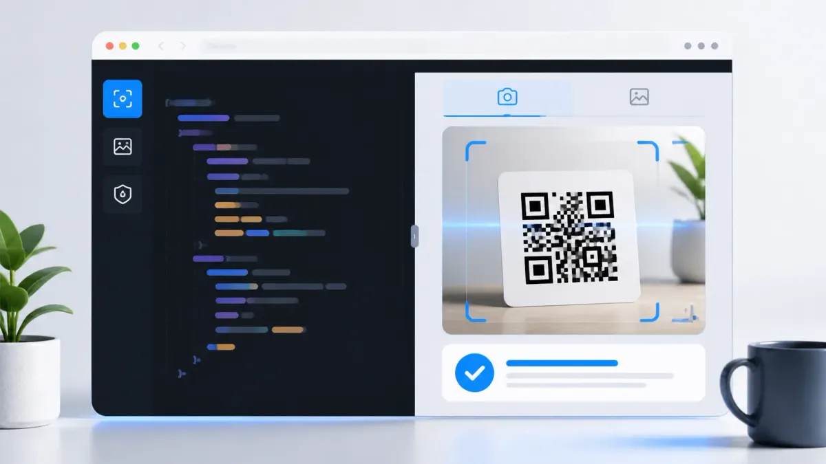 Сканер QR-кодов: окно камеры с рамкой наведения и распознанная ссылка под ним
