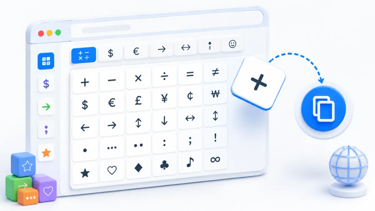 Специальные символы: сетка математических знаков, валют, стрелок и Unicode-символов